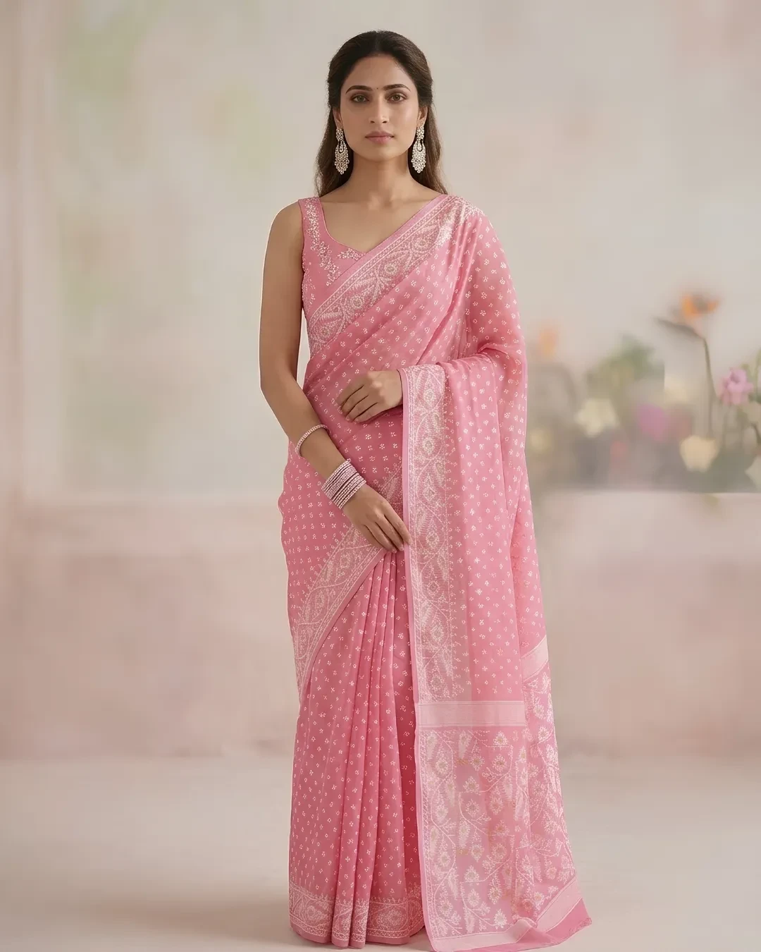 Soft Pink Jamdani Saree with Woven Border