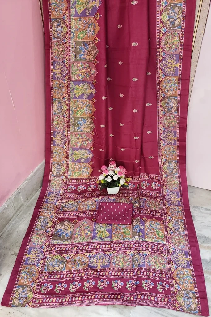Deep Magenta Printed Silk Saree with Folk Art