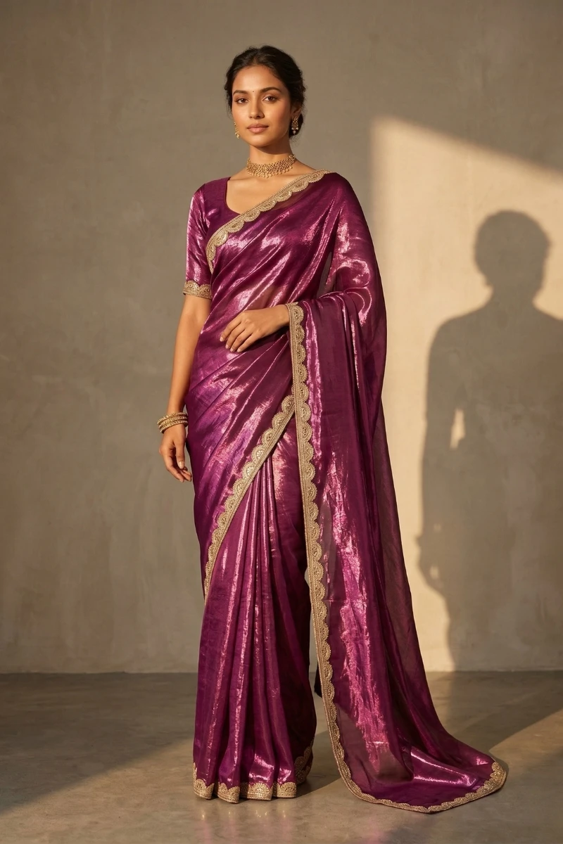 Wine Jimmy Choo Saree with Scallop Border