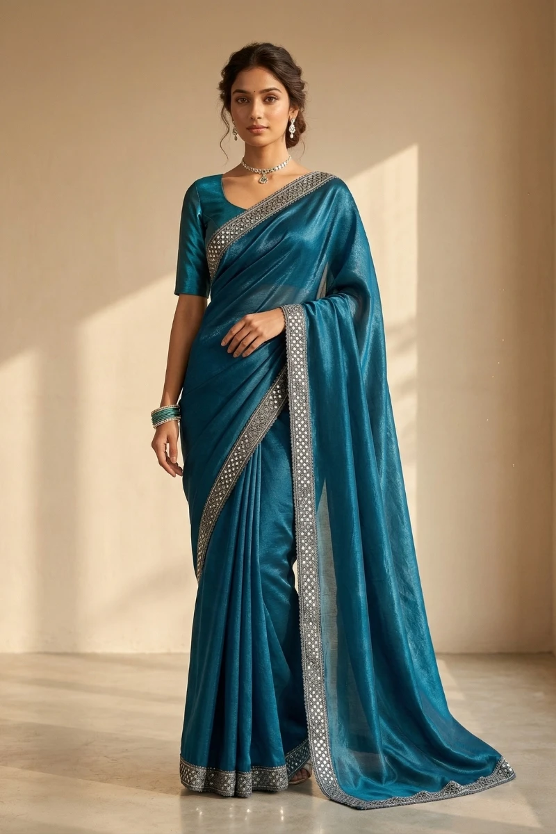 Teal Blue Jimmy Choo Saree with Mirror Work