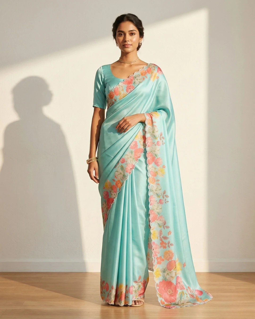 Light Blue Satin Saree Floral Border