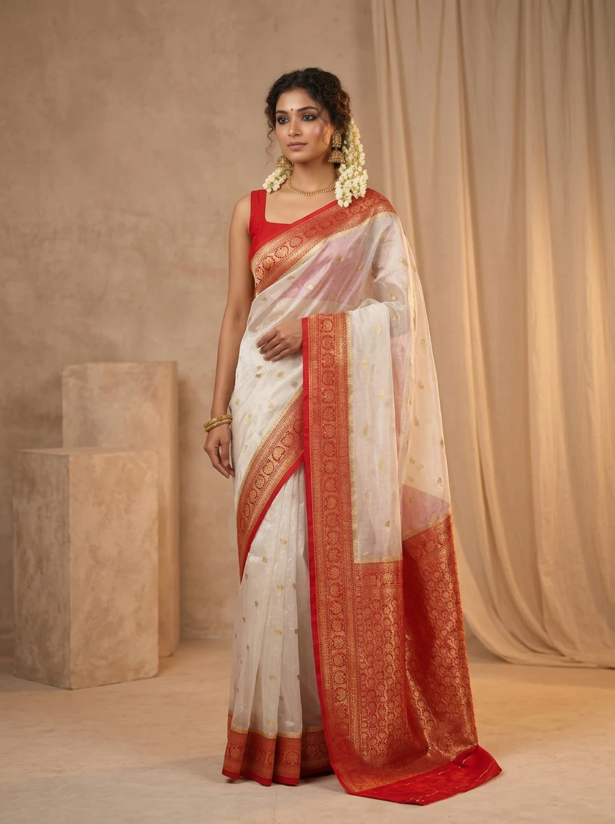 White and Red Silk Banarasi Saree