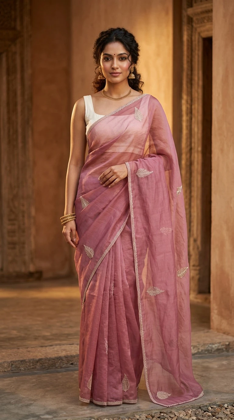 Exquisite Mauve Tissue Embroidered Saree