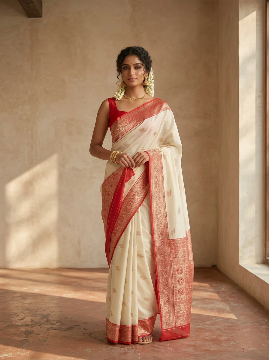 Off-White and Red Katan Banarasi Saree