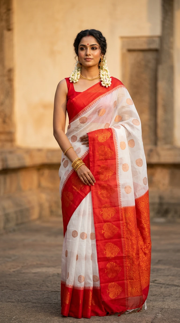 White & Red Cotton Zari Silk Saree