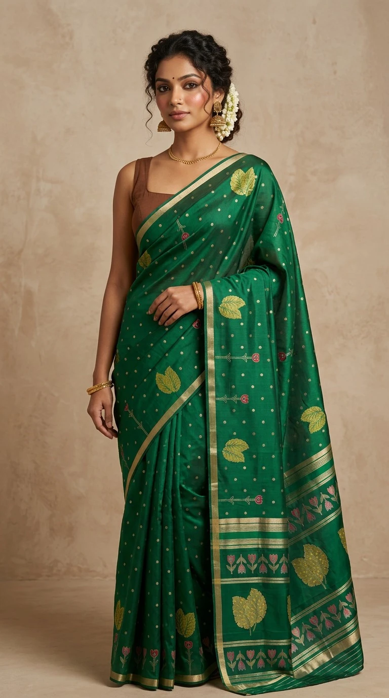 Exquisite Emerald Green Blended Silk Saree with Golden Motifs