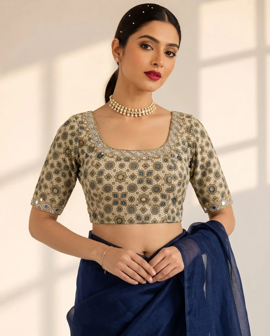 Ivory Modal Satin Ajrak Print Blouse with Embroidered Mirror Work and Deep U Back