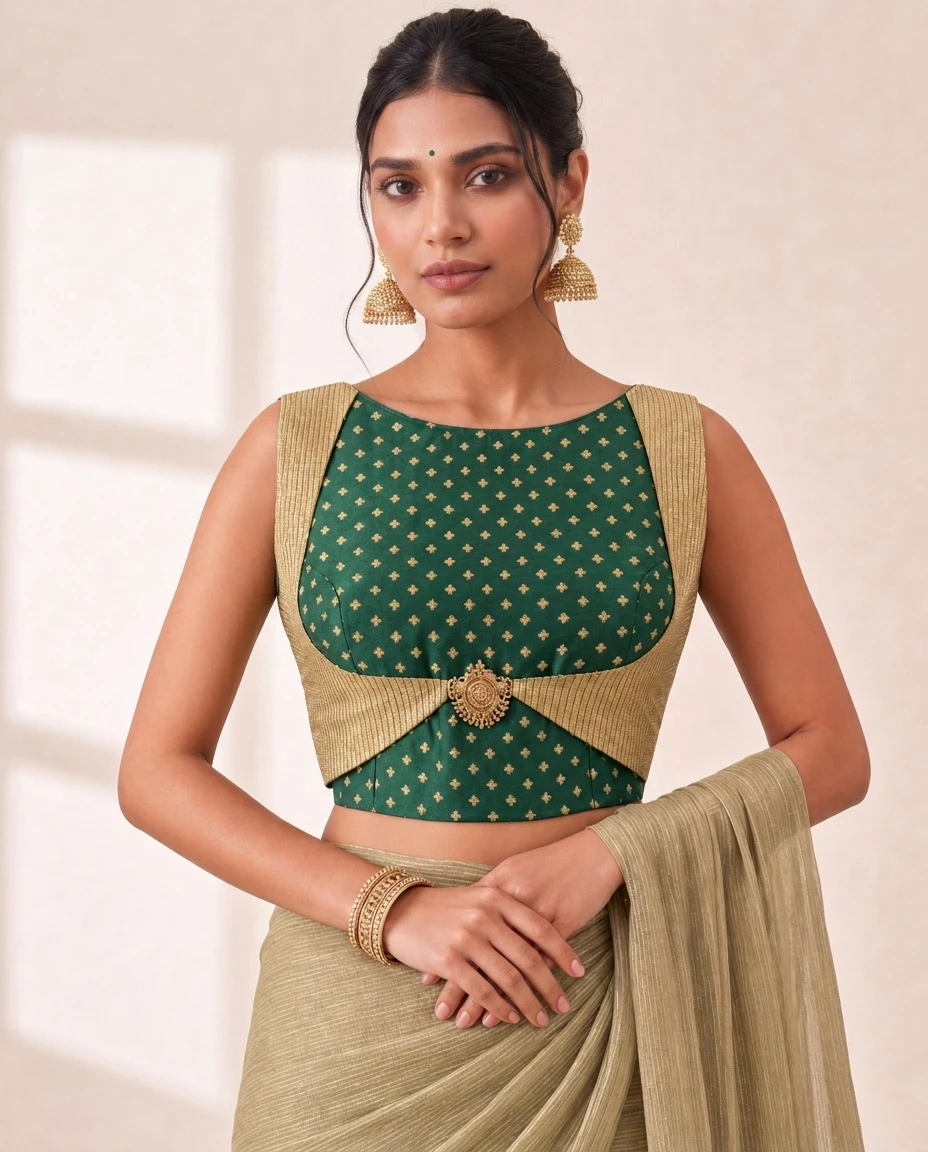Emerald Green Booti Embroidered Blouse with golden Brooch Detail
