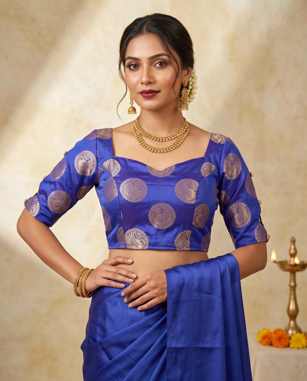 Royal Blue Silk Brocade Blouse with Gold Peacock Motifs and Cutout Sleeves