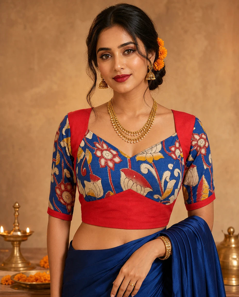 Designer Red Bodice Blouse with Contrasting Blue kalamkari Patterned Sleeves