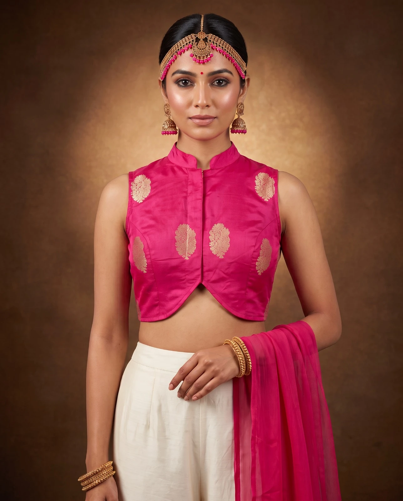 Stunning Hot Pink Russian Silk Designer Sleeveless Blouse with Gold Motifs