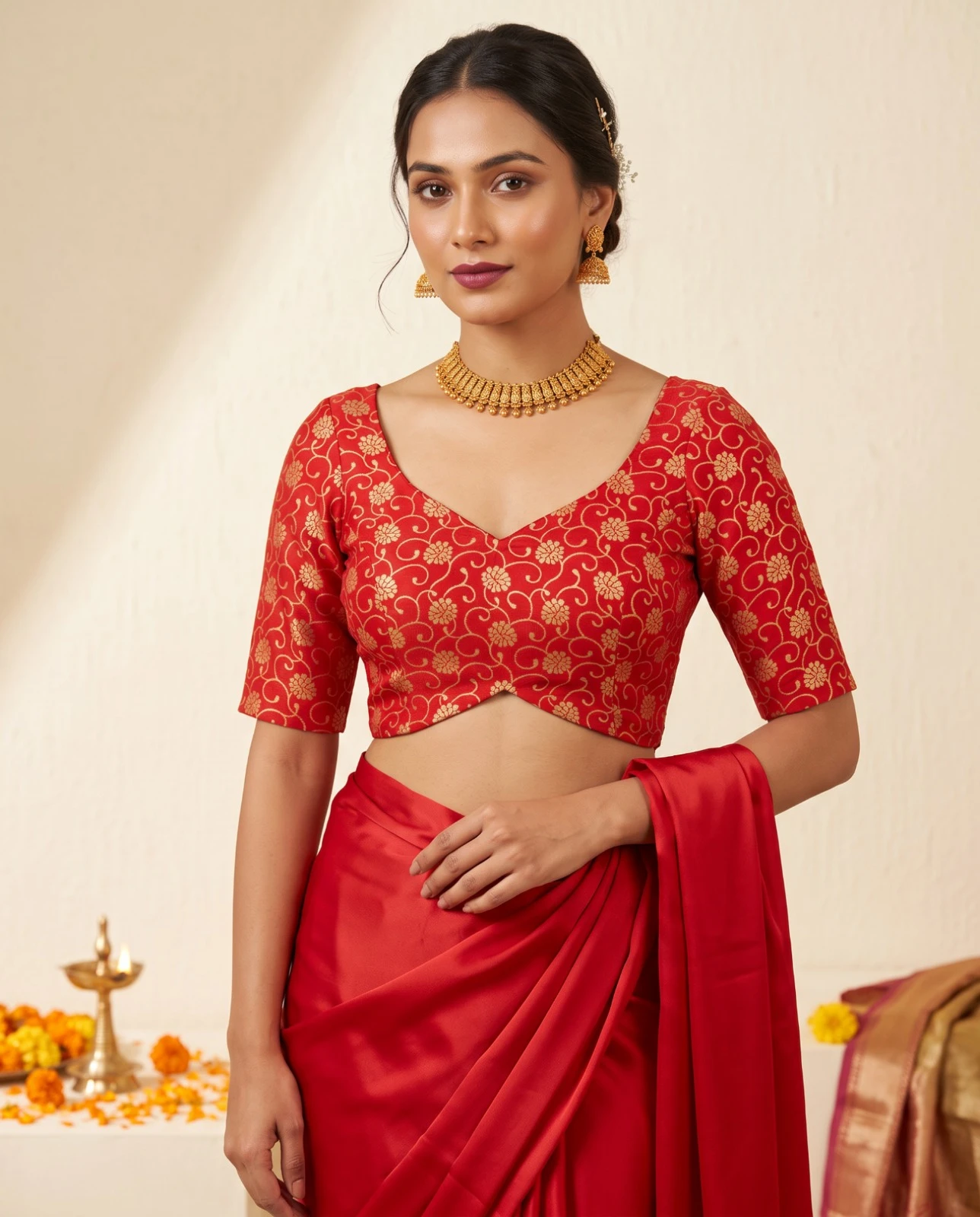 Crimson Red Gold Brocade Russian Silk Readymade Saree Blouse