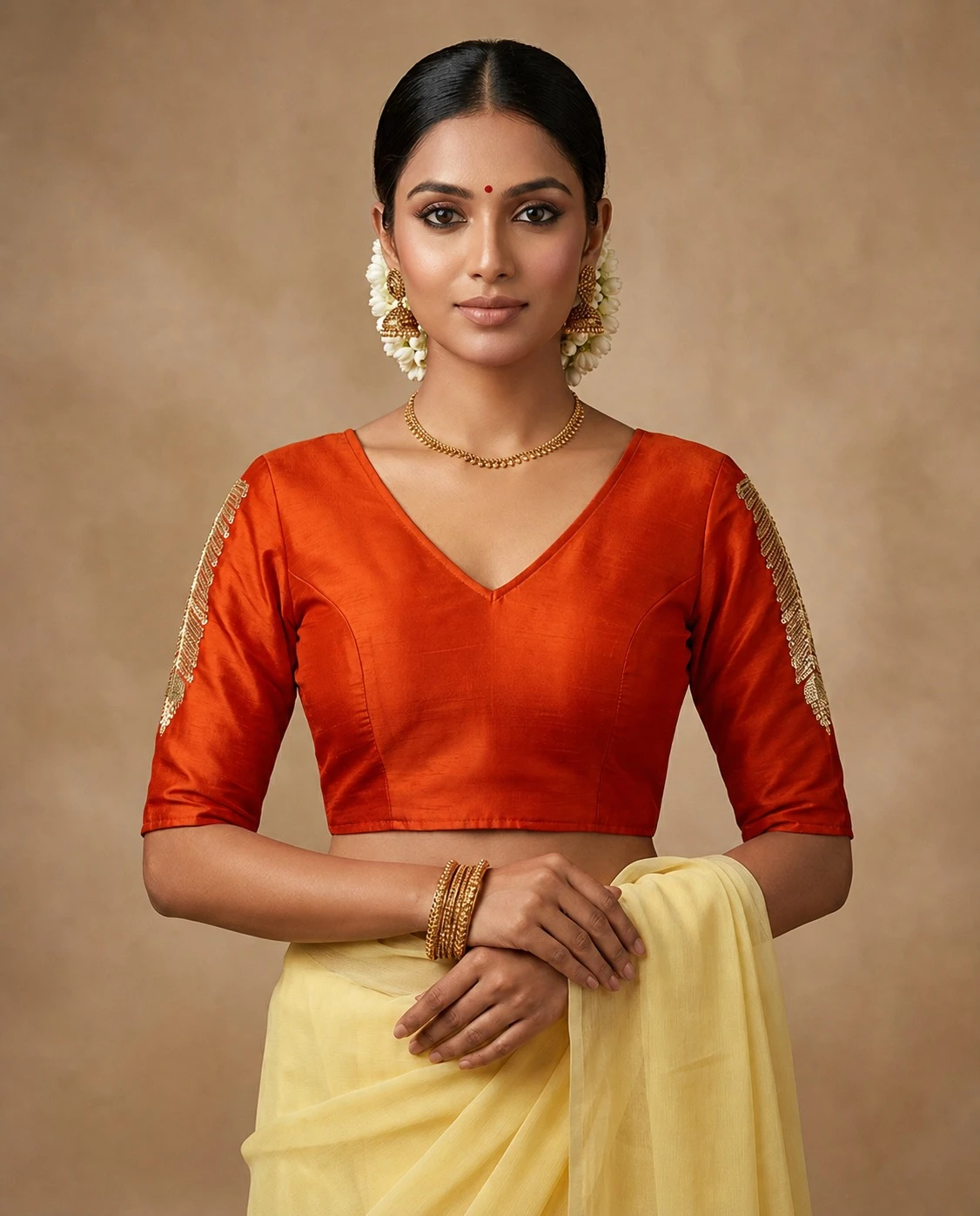 Stunning Rust Orange Samo Silk Designer Blouse with Gold Sleeve Embroidery