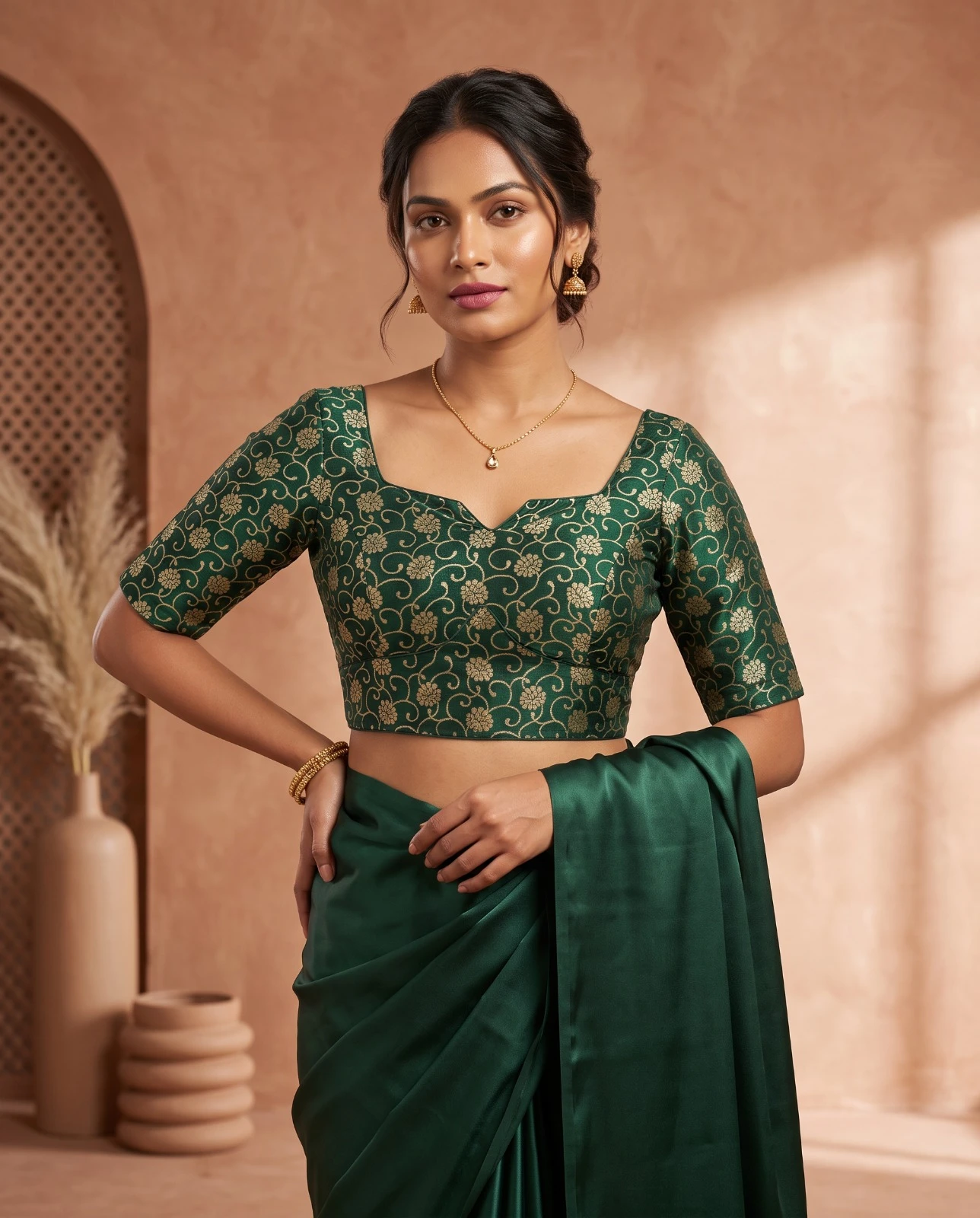 Stunning Green Gold Floral Russian Silk Designer Blouse