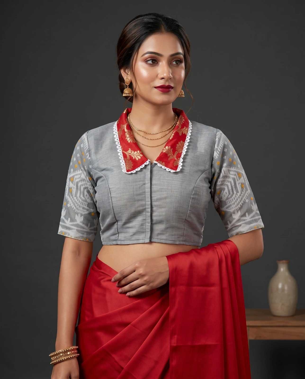 Gray Brocade Blouse with Red Collar & Back Cut-Out