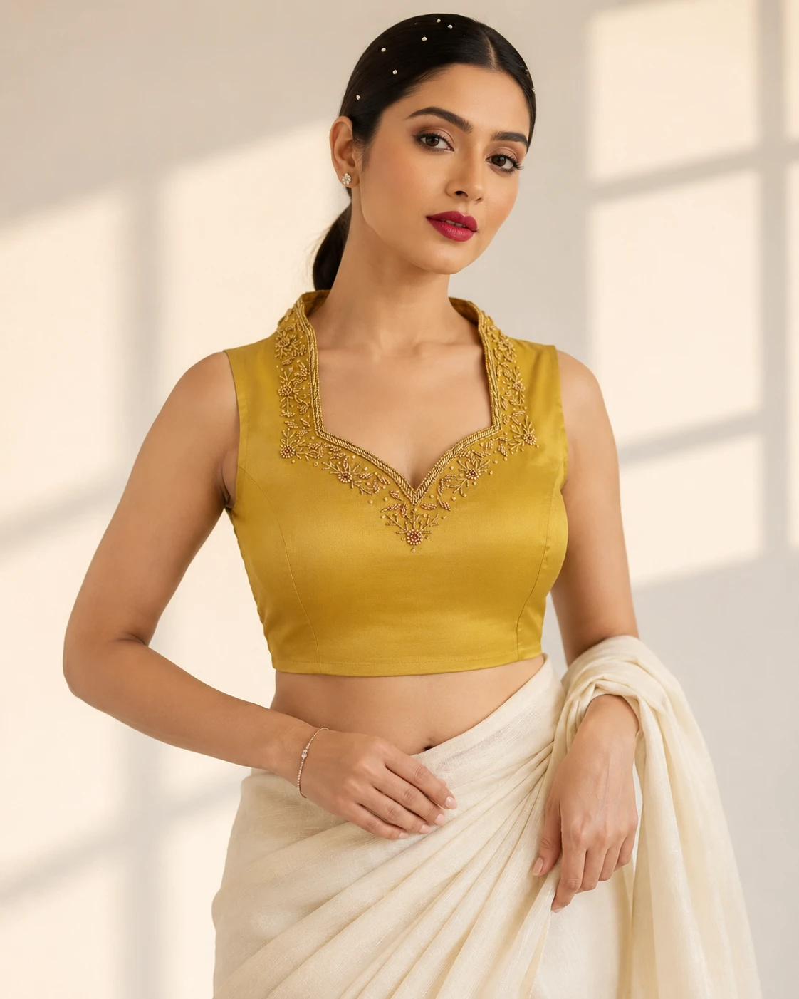 Mustard Yellow Plain Brocade Stand Collar Blouse with Cutdana Embroidery