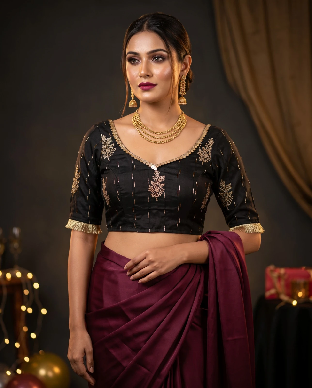 Exquisite Black Russian Silk Designer Blouse with Leaf Neck & Fringe Sleeves