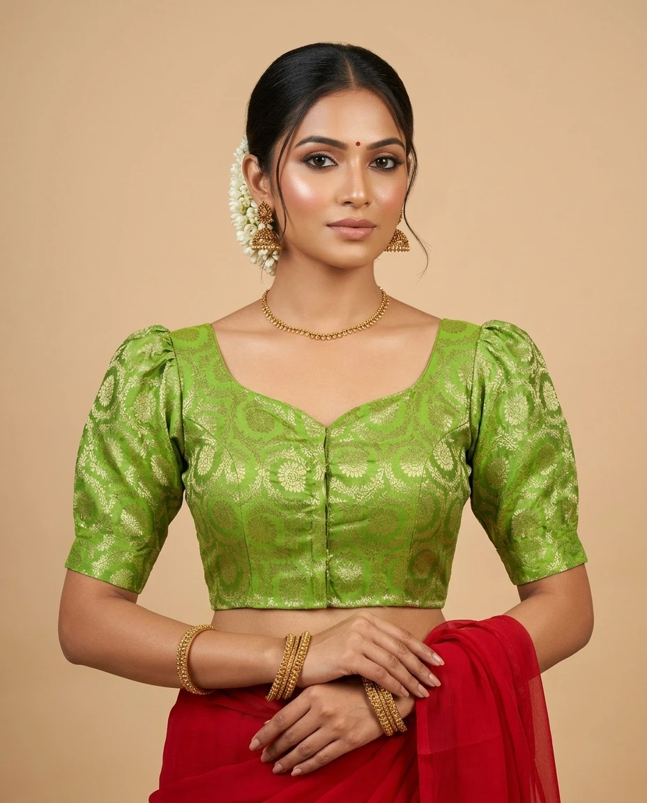 Elegant parrot Green Silk Puff-Sleeve Designer Blouse