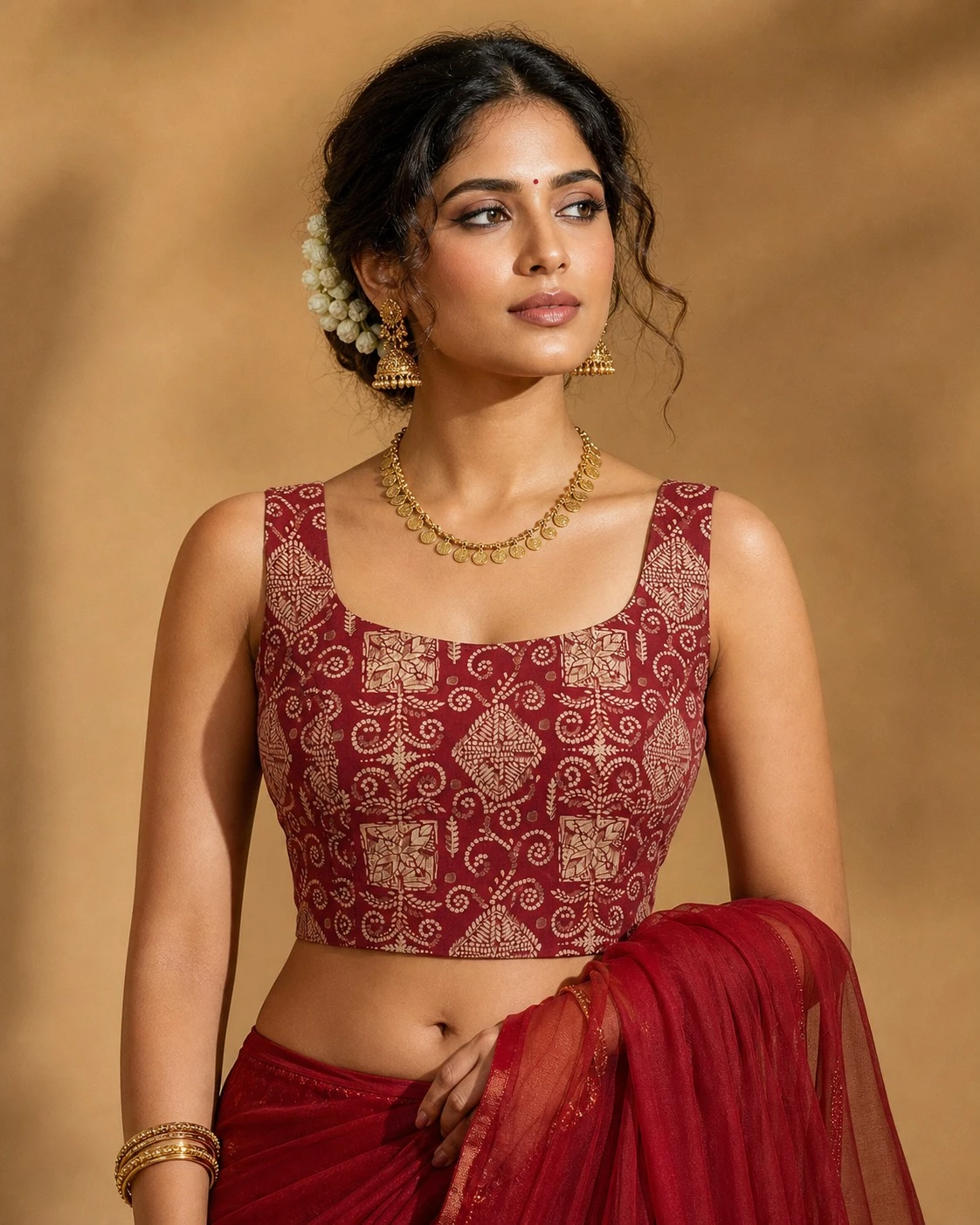 Exquisite Maroon Cotton Printed Sleeveless Blouse