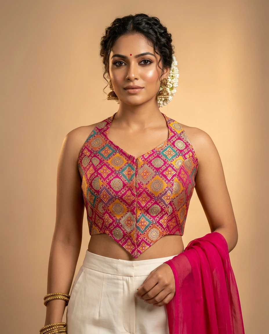 Pink Multicolor Brocade Halter Neck Blouse with Criss-Cross Back
