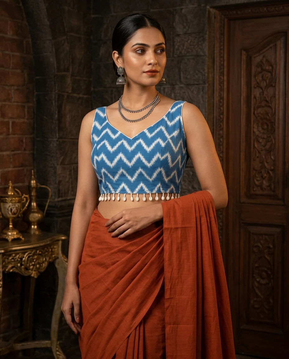 Exquisite Blue Cotton Printed Blouse with Kori Work
