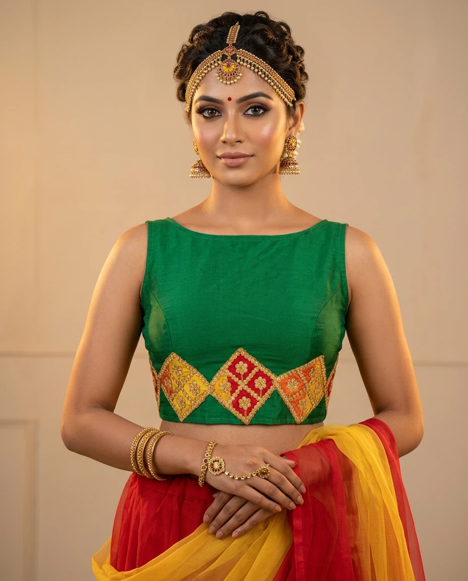 Designer Emerald Green Silk Blouse with Keyhole Back Detail