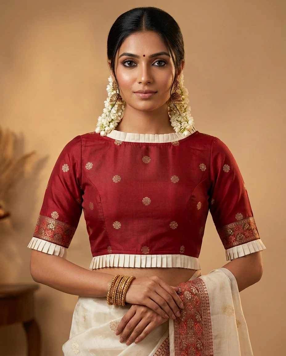 Maroon Raw Silk Blouse, Ivory Pleated Collar and Tie-Up Back
