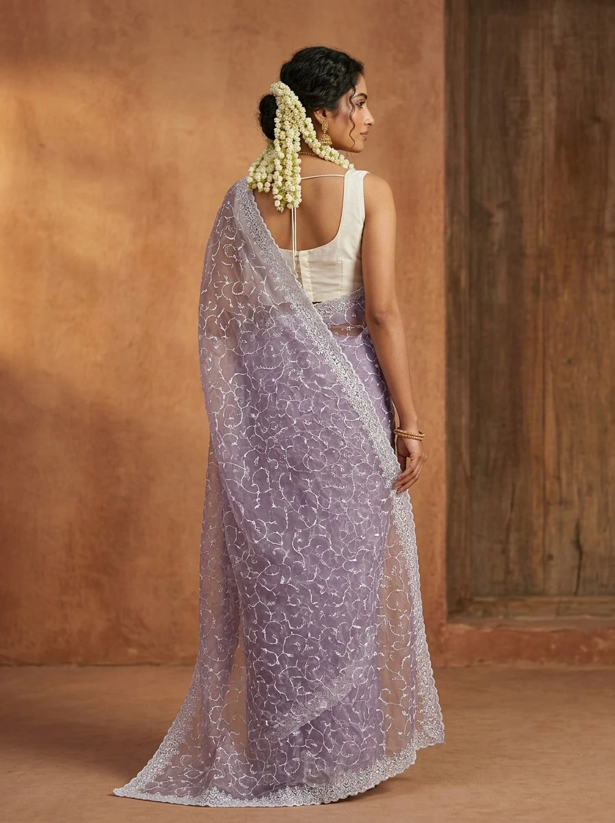 Lavender Tissue Organza Saree with White Embroidery and Lace Border
