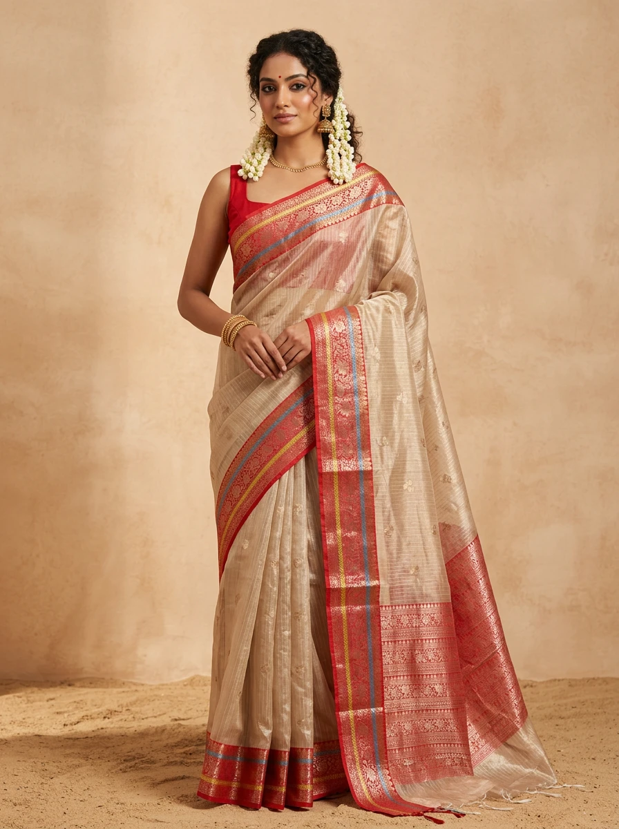 Beige Tissue Silk Saree with Red Zari Floral Border and Pallu