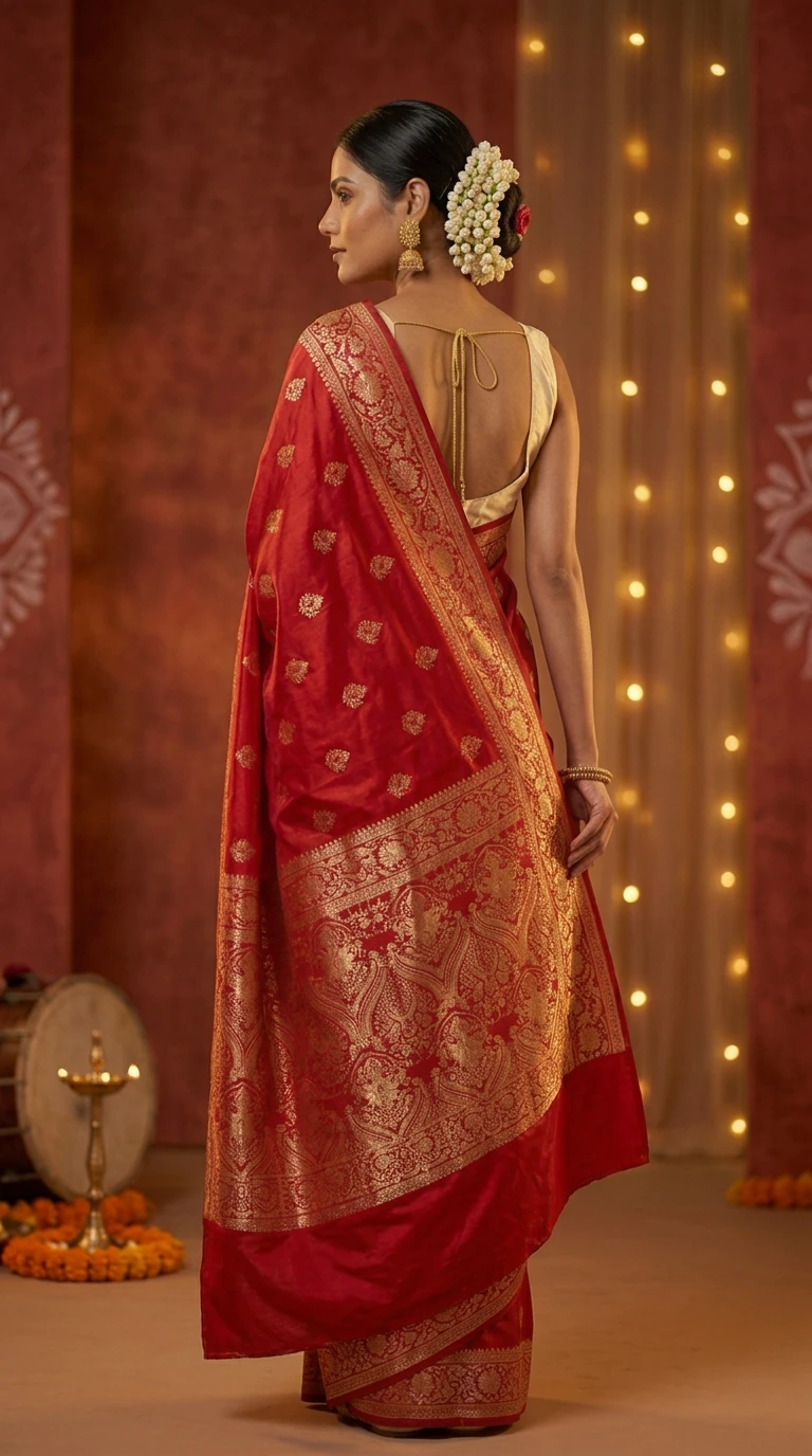 Red Katan Silk Saree with Gold Zari Floral Buttis and Border