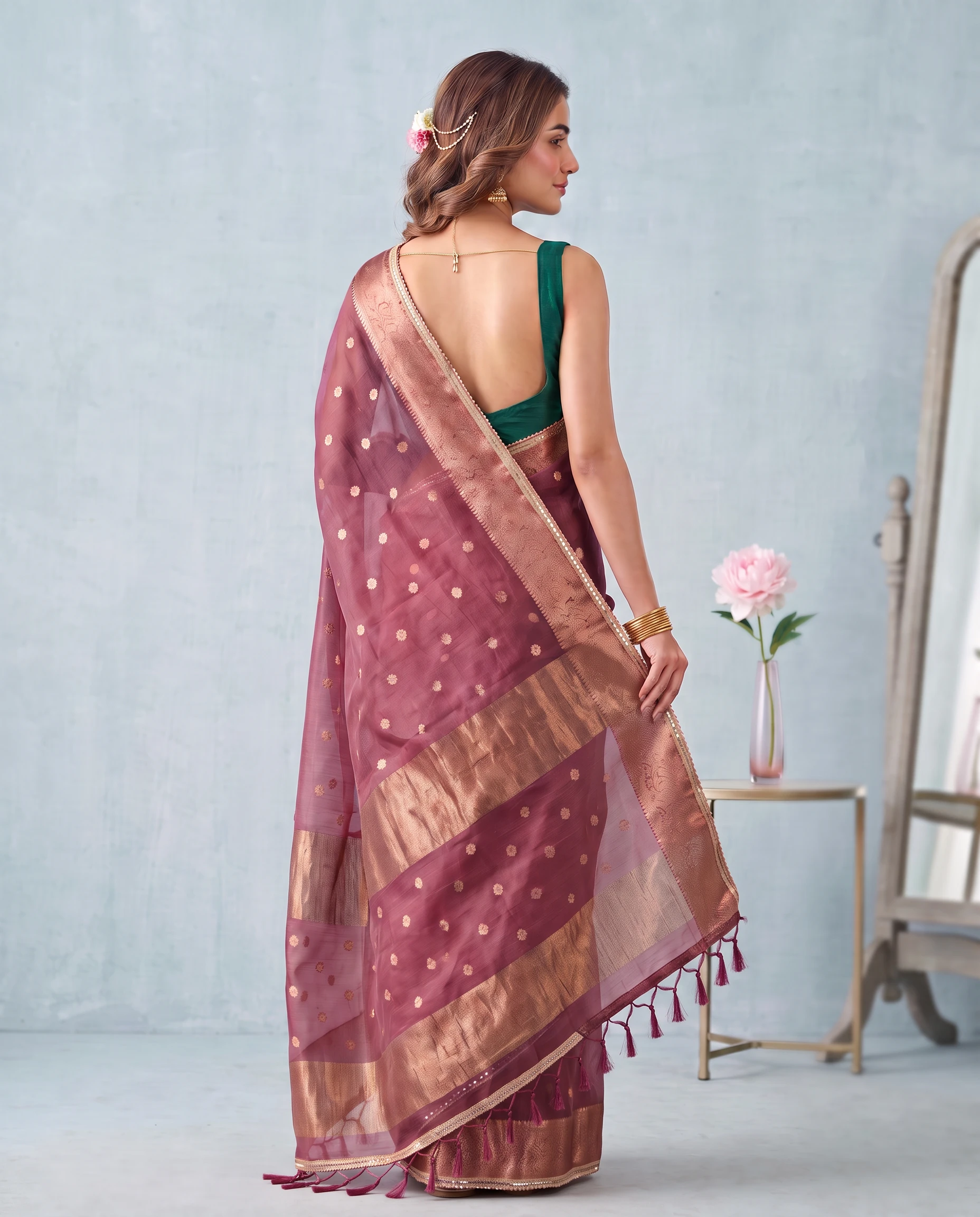 Mauve Tissue Saree with Gold Zari Checks and Sequin Border