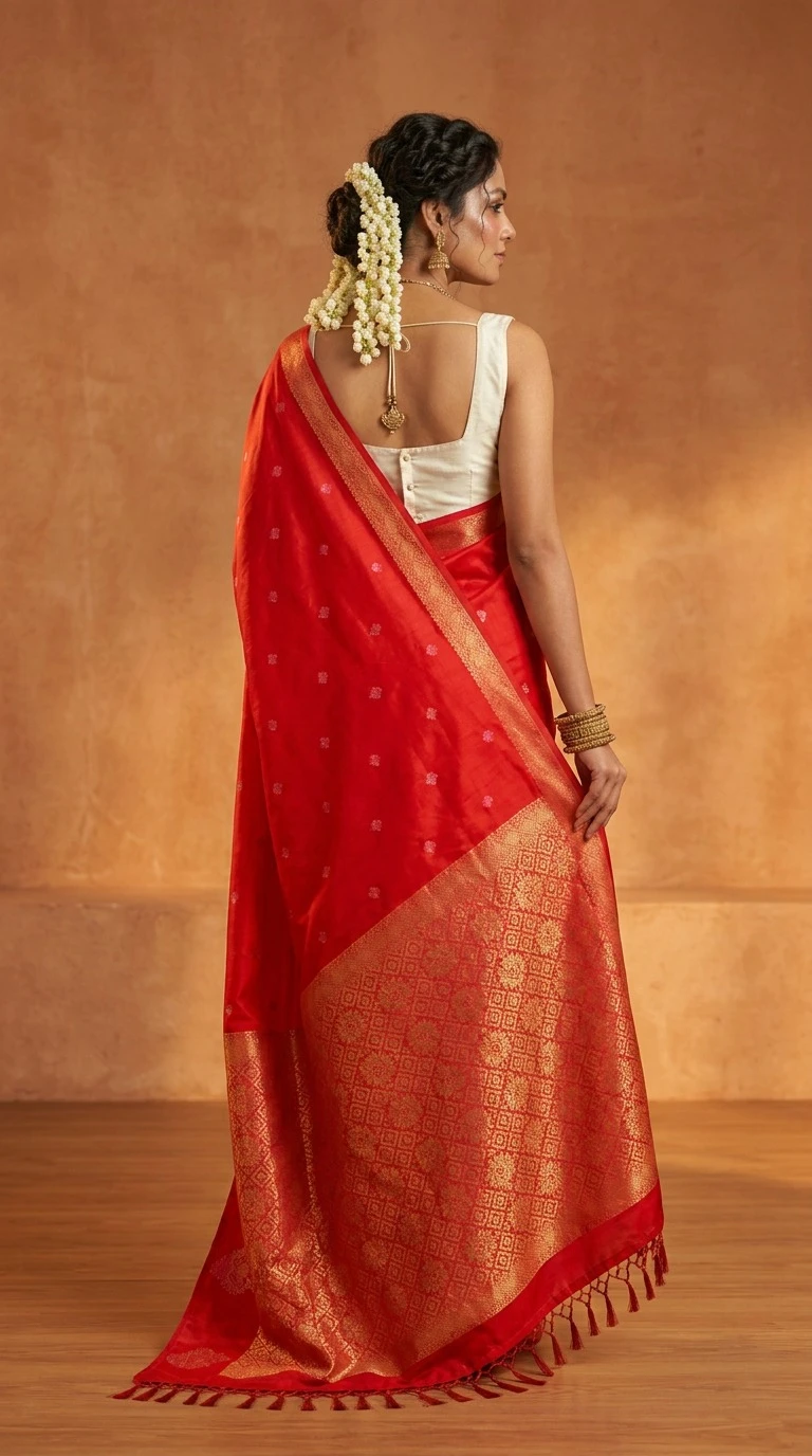 Red Katan Silk Saree with Diamond Zari Border and Pallu