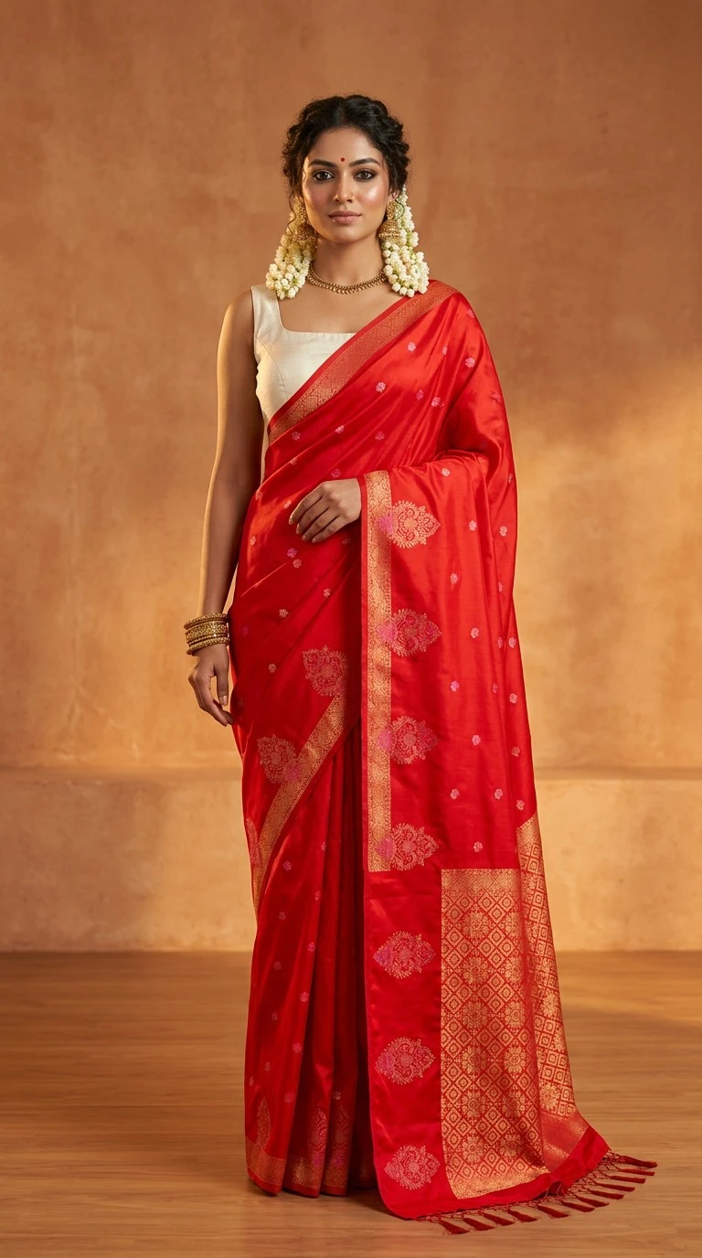 Red Katan Silk Saree with Diamond Zari Border and Pallu