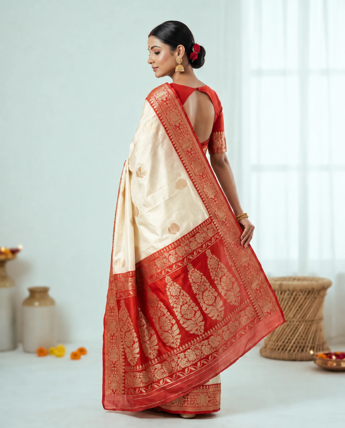 Ivory Silk Blend Saree with Red Zari Border and Paisley Pallu