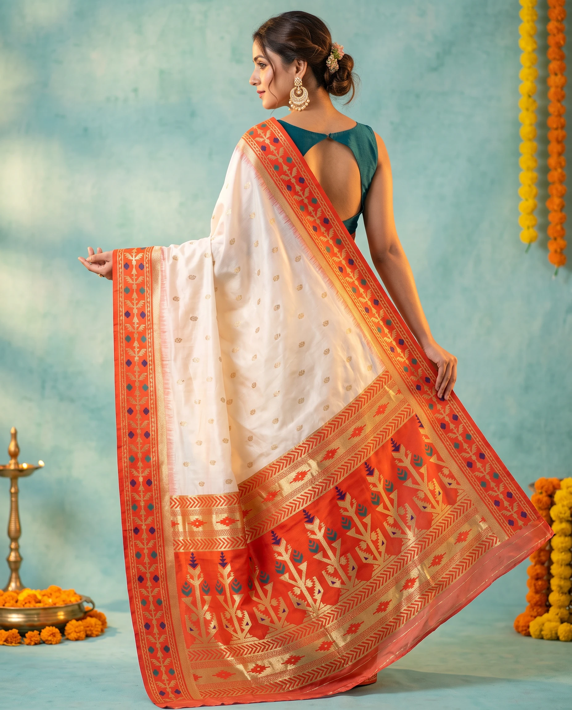 White Tissue Organza Saree with Reddish orange Tribal-Pattern Border
