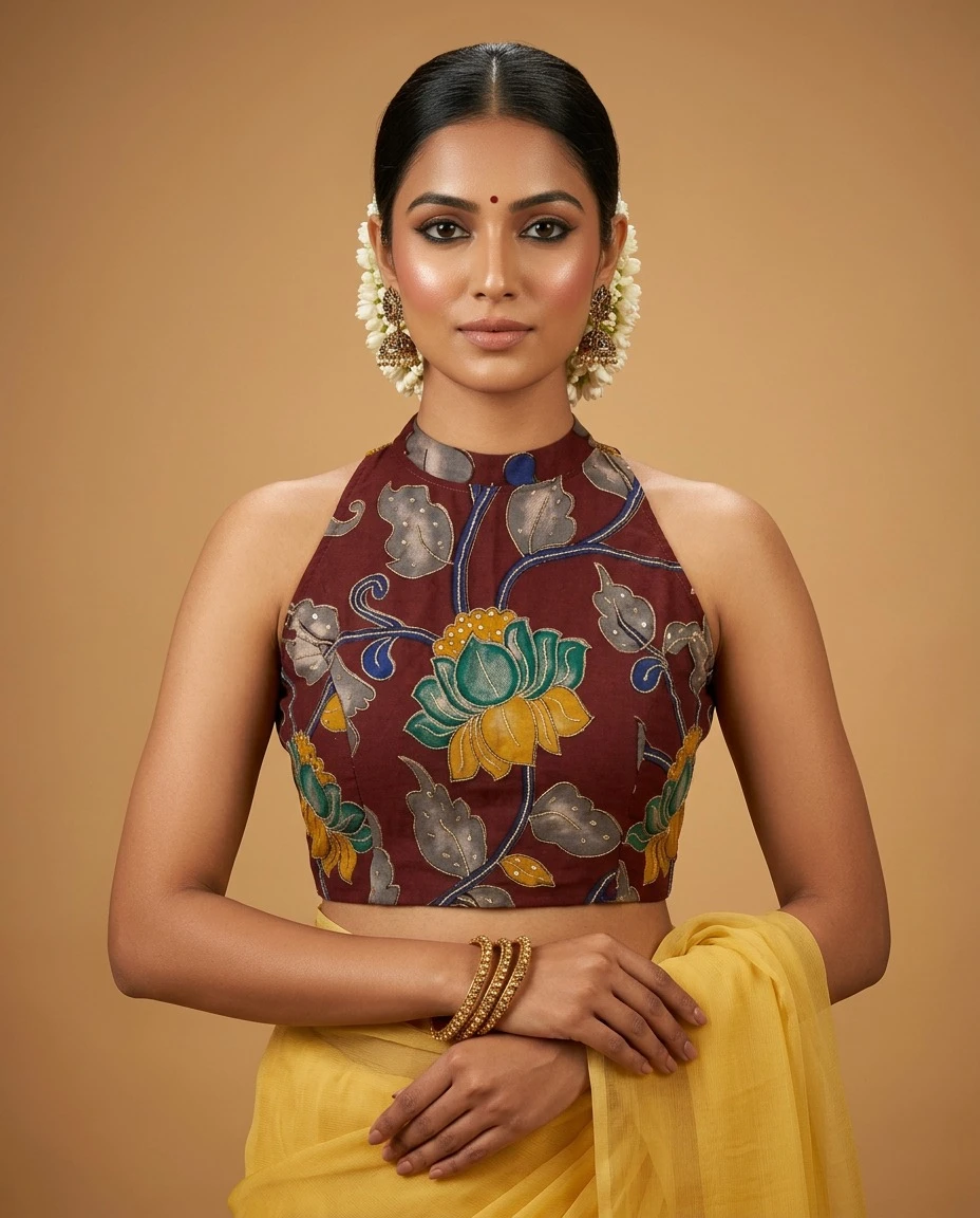 Maroon Floral Kalamkari Print Halter Neck Blouse with Lotus Motif