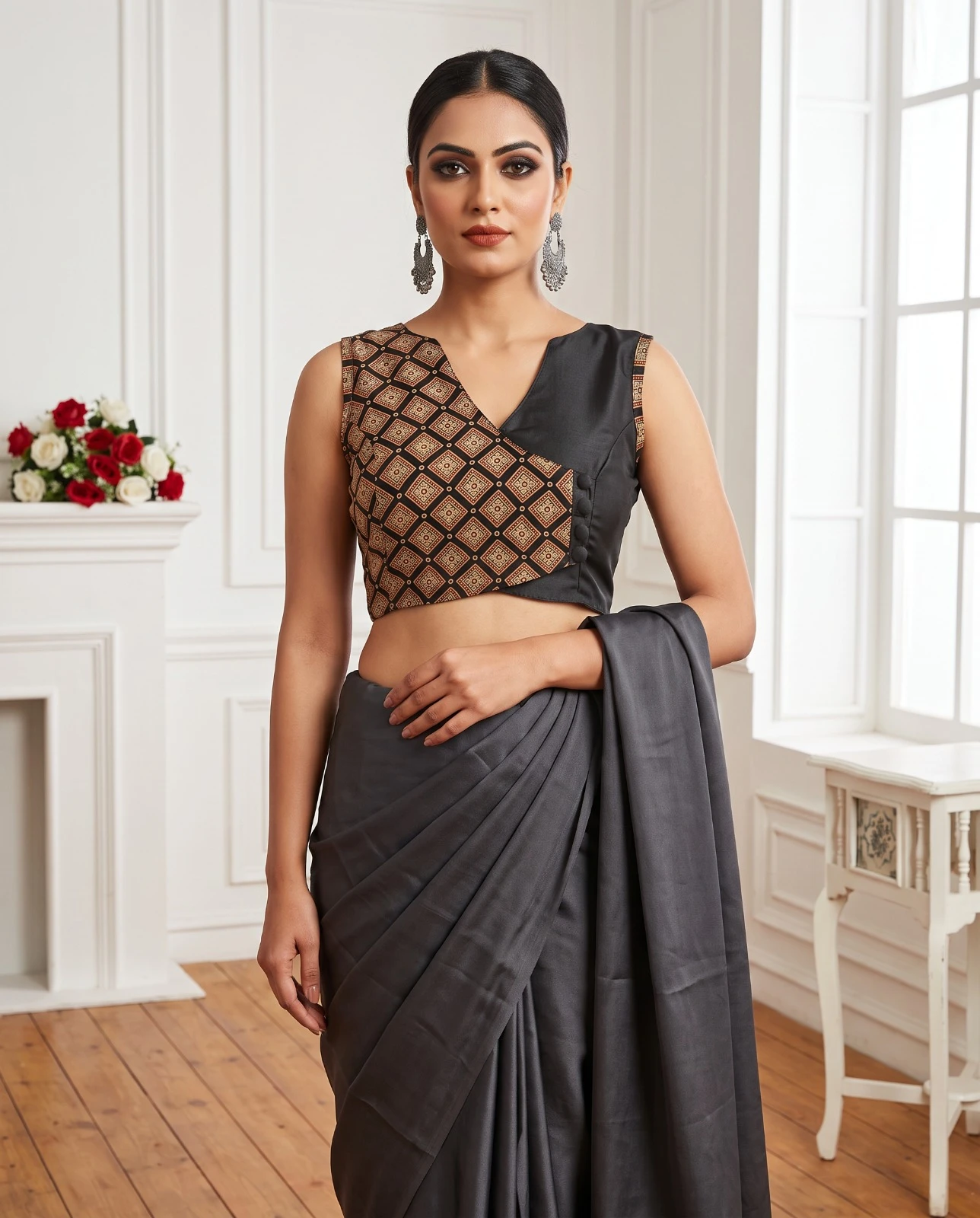 Black Modal Satin Ajrakh Print Blouse