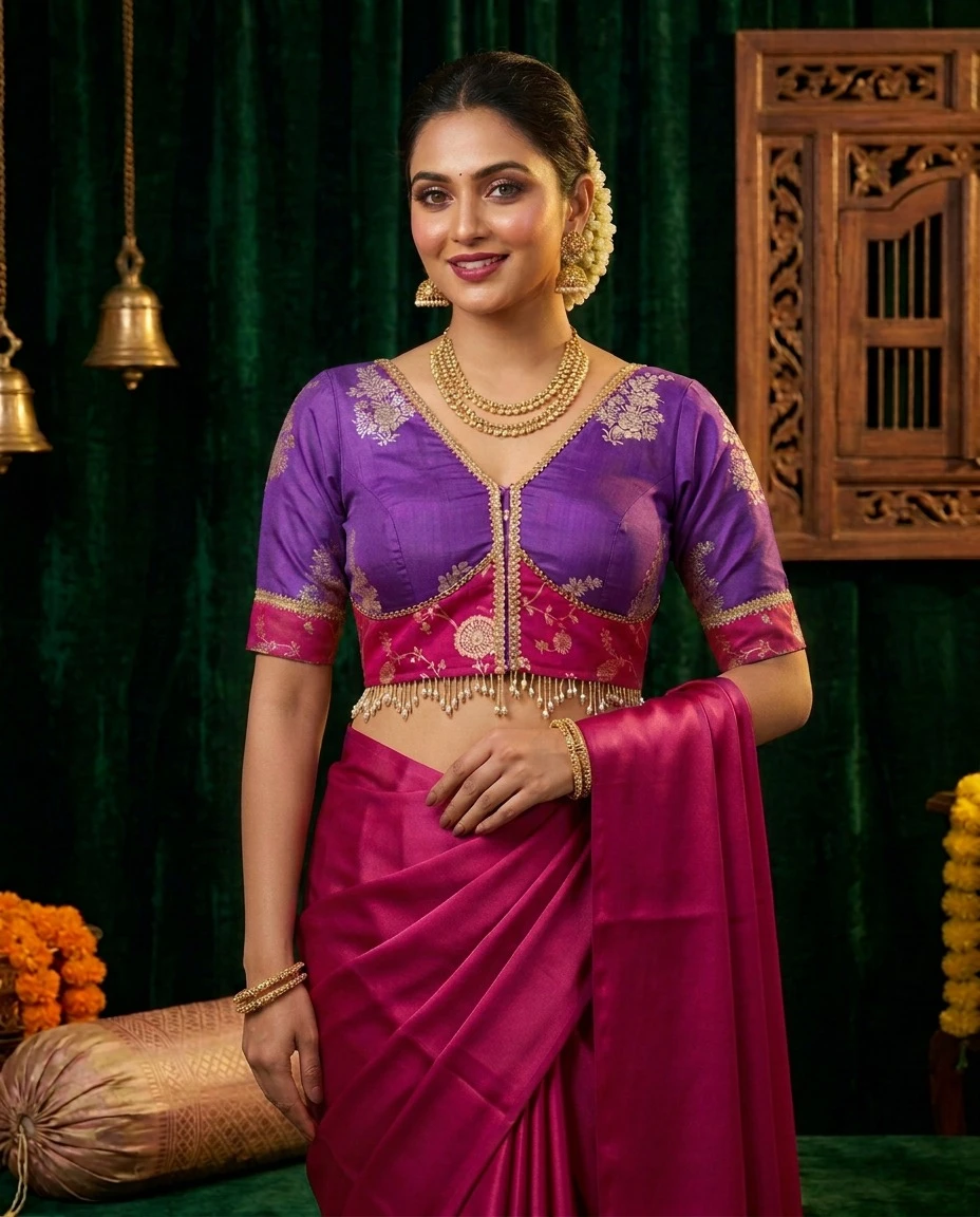 Elegant Designer Purple Brocade Readymade Saree Blouse