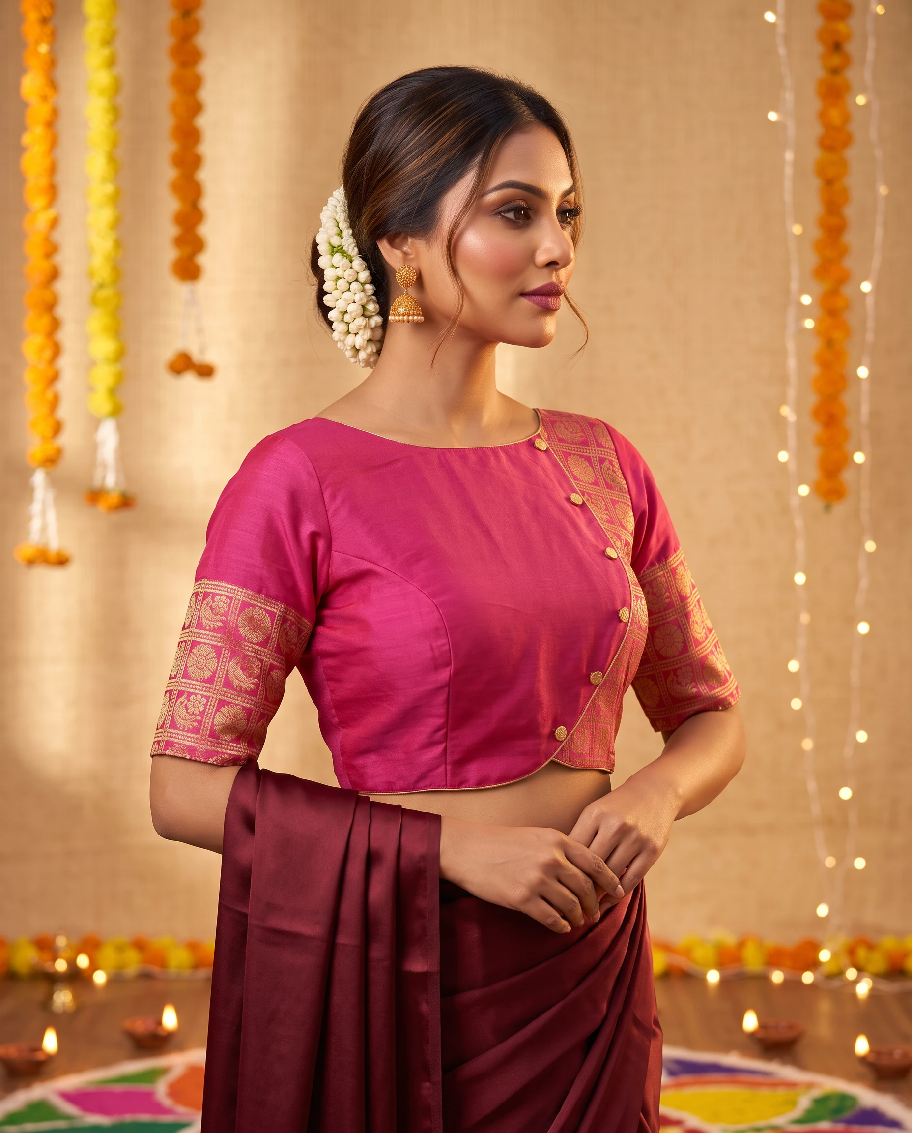 Rani Pink Silk Blouse with Gold Banarasi Brocade Detailing and Angrakha Placket