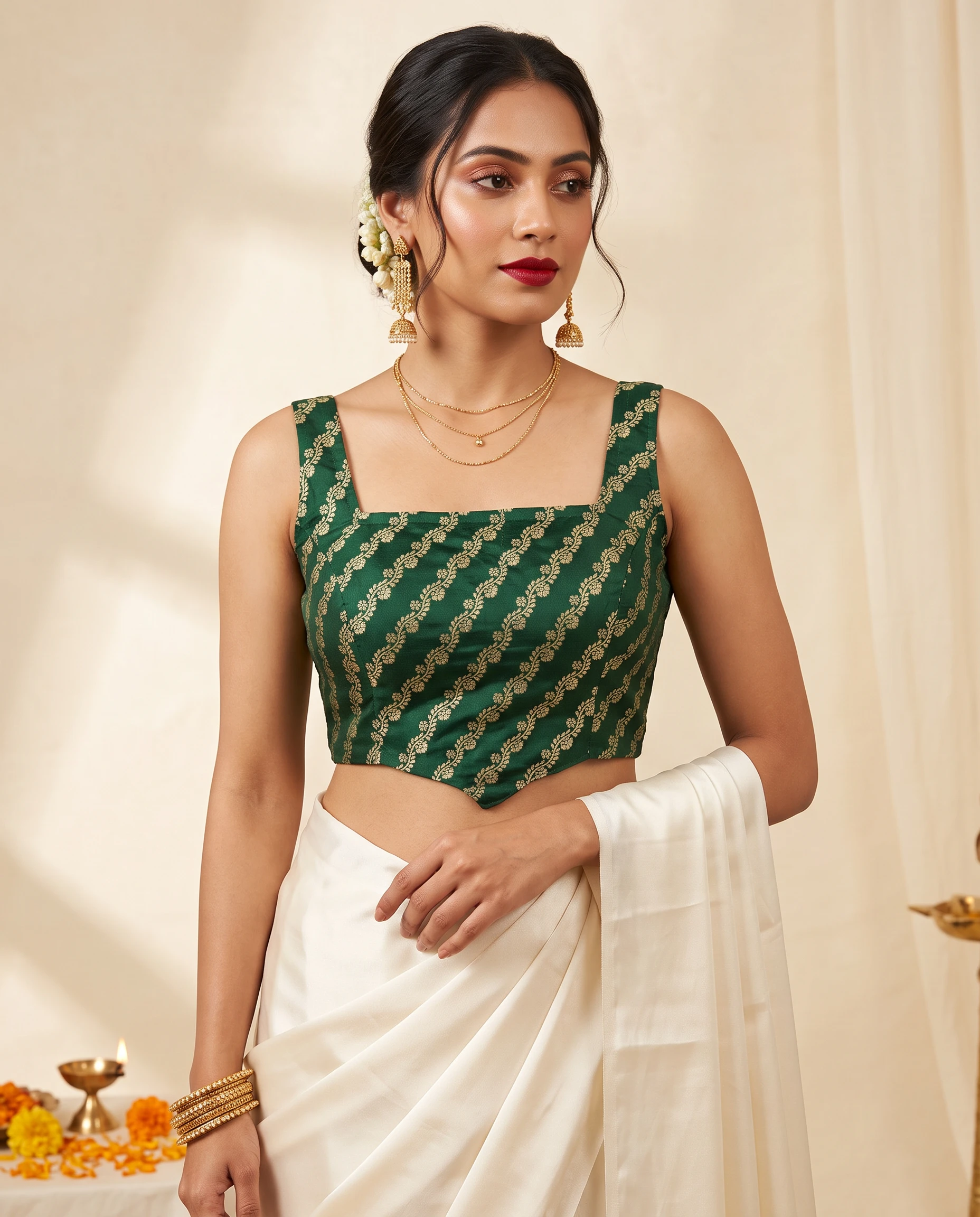 Elegant Bottle Green Square Neck Russian Silk Blouse