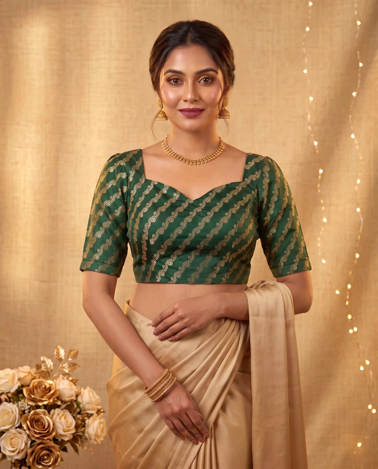 Exquisite Emerald Green Russian Silk Designer Saree Blouse