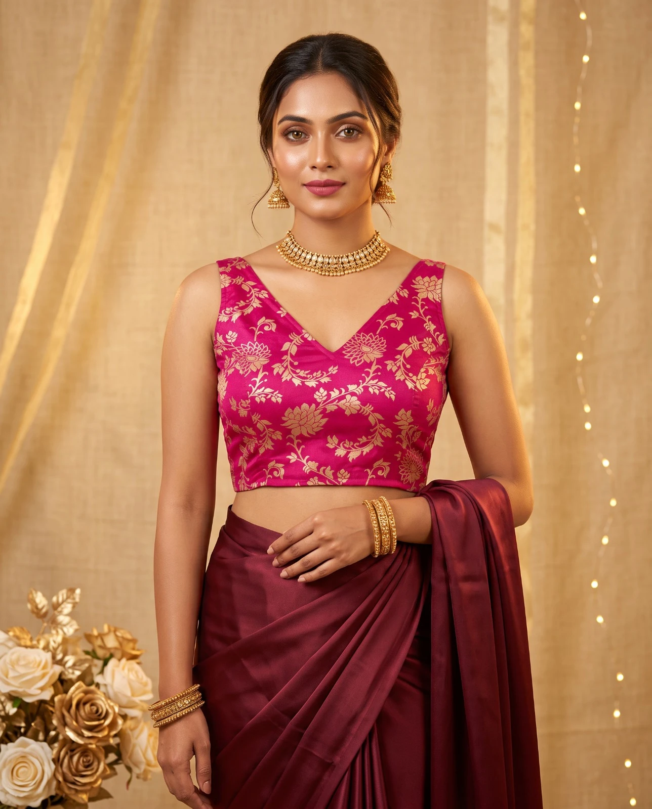 Hot Pink Russian Silk Blouse with Gold Floral Brocade and Deep V-Back