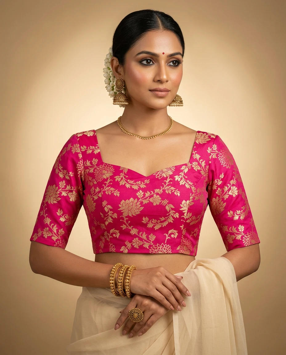 Elegant Hot Pink Russian Silk Sweetheart Neck Blouse