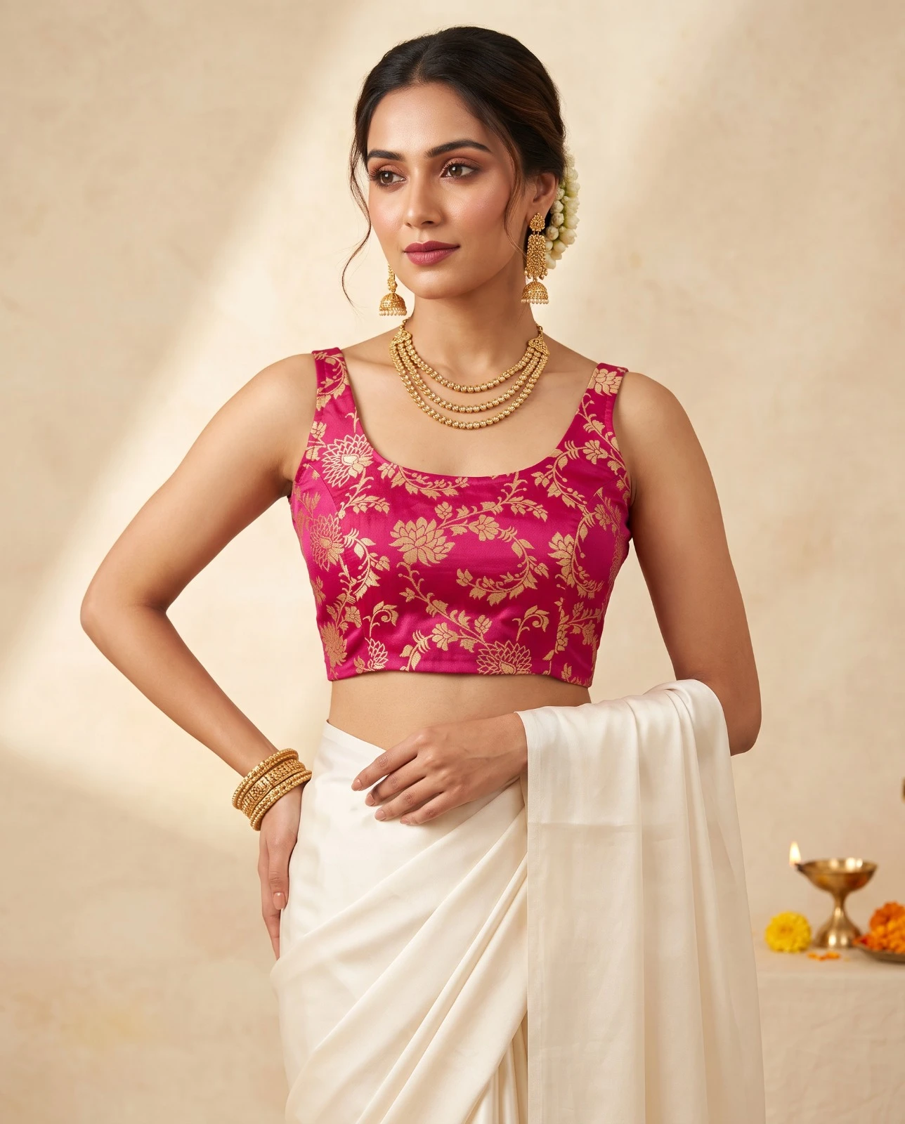 Designer Hot Pink Floral Woven Russian Silk Designer Saree Blouse