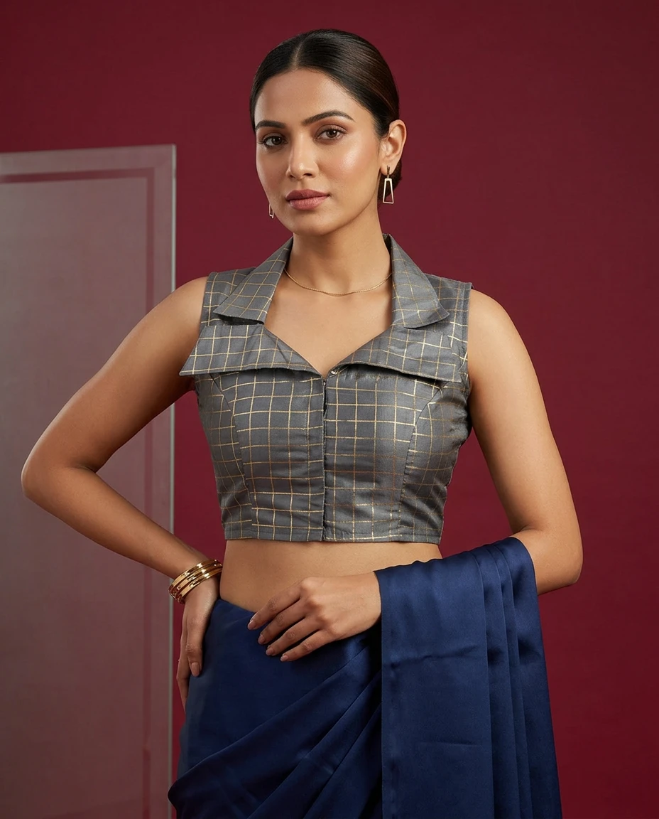 Grey and Gold Checkered Taffeta Silk Blouse with Notch Collar and Ladder Back