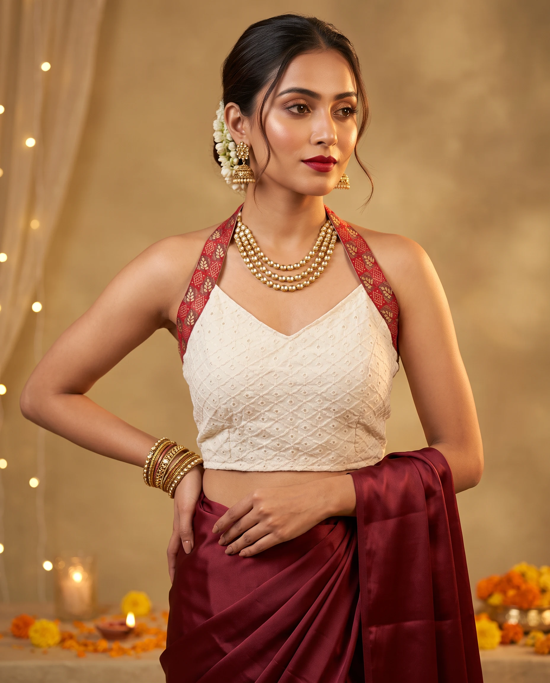 Exquisite White Hakoba Halter-Style Designer Saree Blouse with Brocade Straps