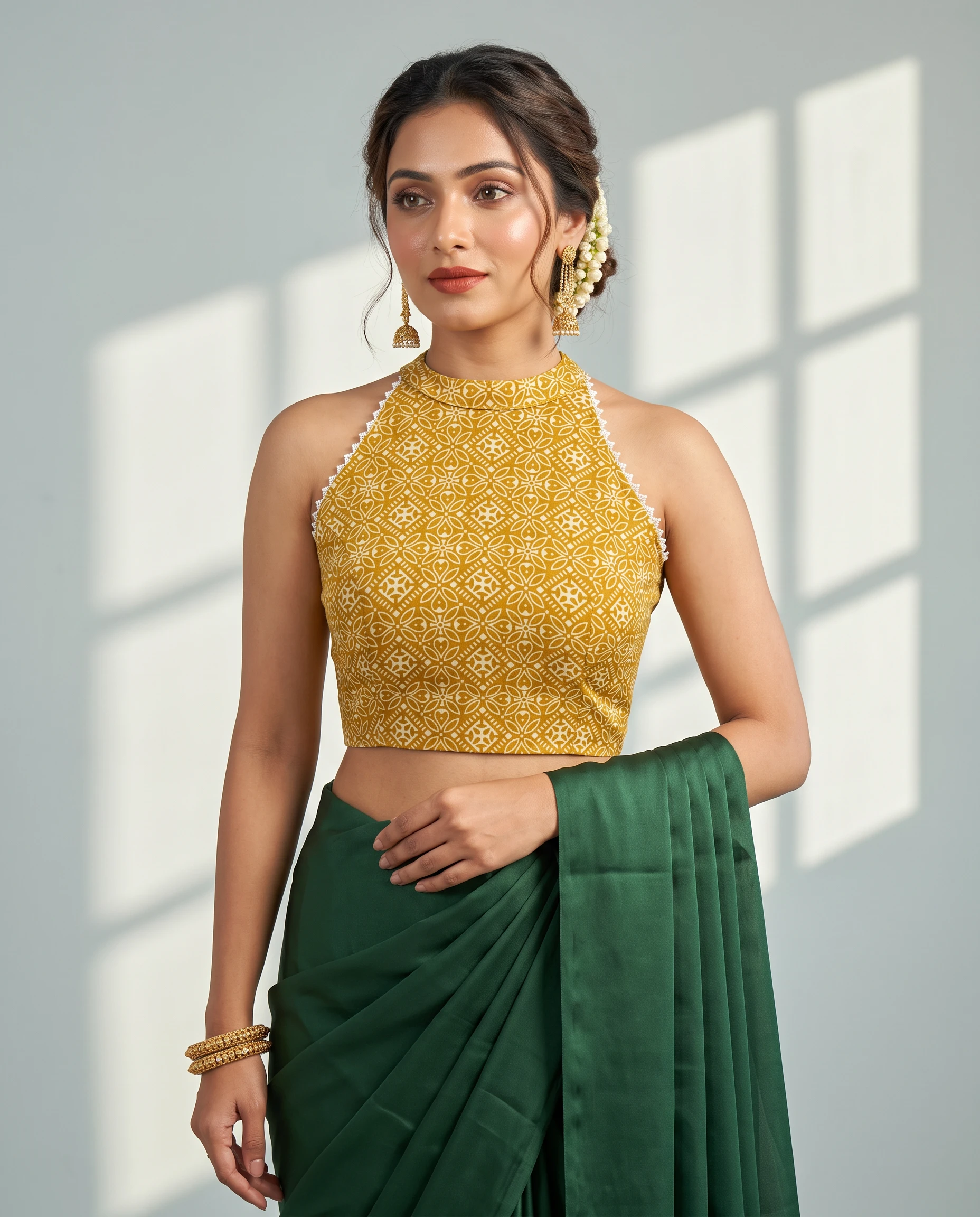 Mustard Gold Geometric Print Modal Silk Halter Neck Blouse with Lace Trim