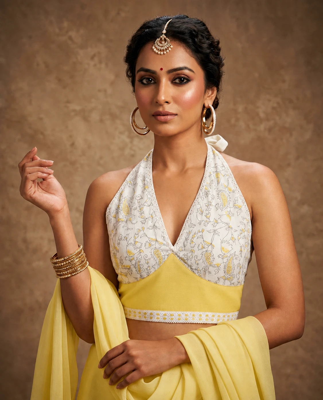 White & Yellow Cotton Printed Halter Blouse