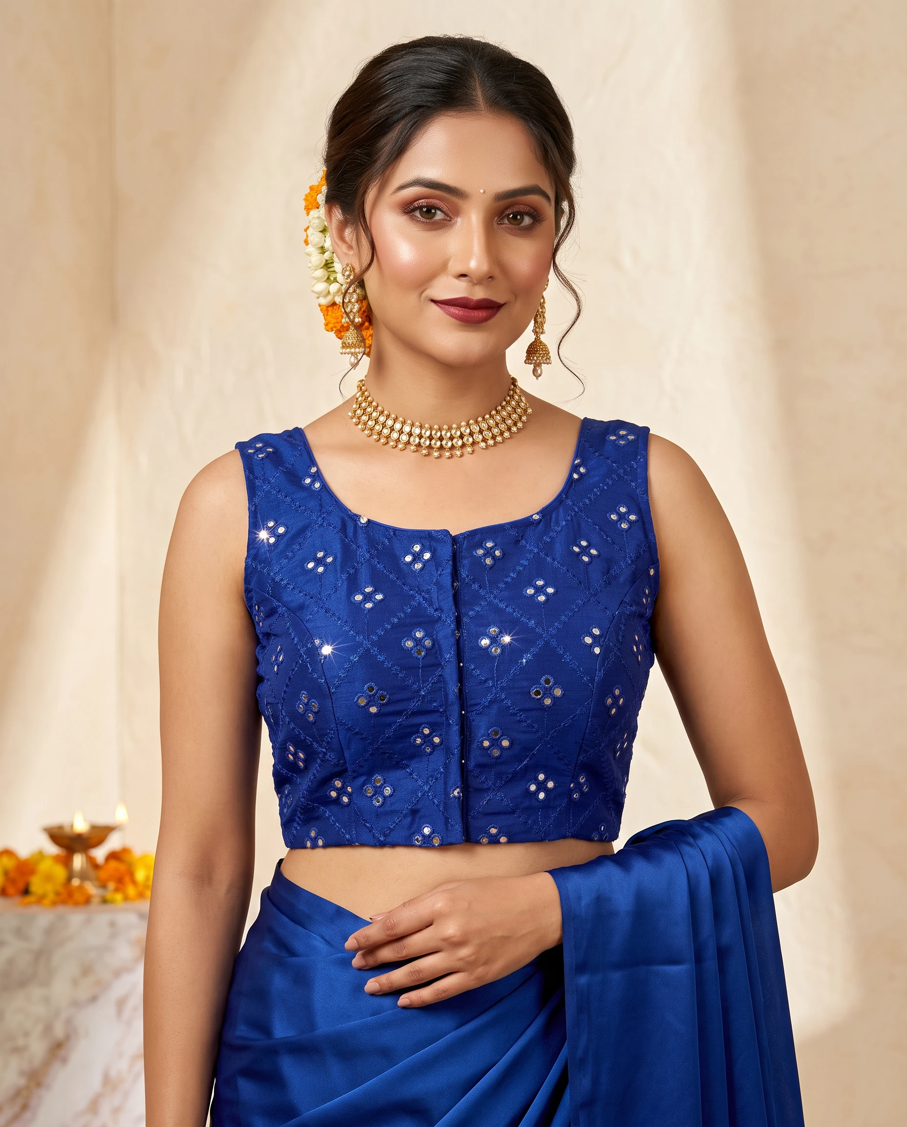 Royal Blue Foil Mirror Work Blouse with Ladder Back and Beaded Tassels