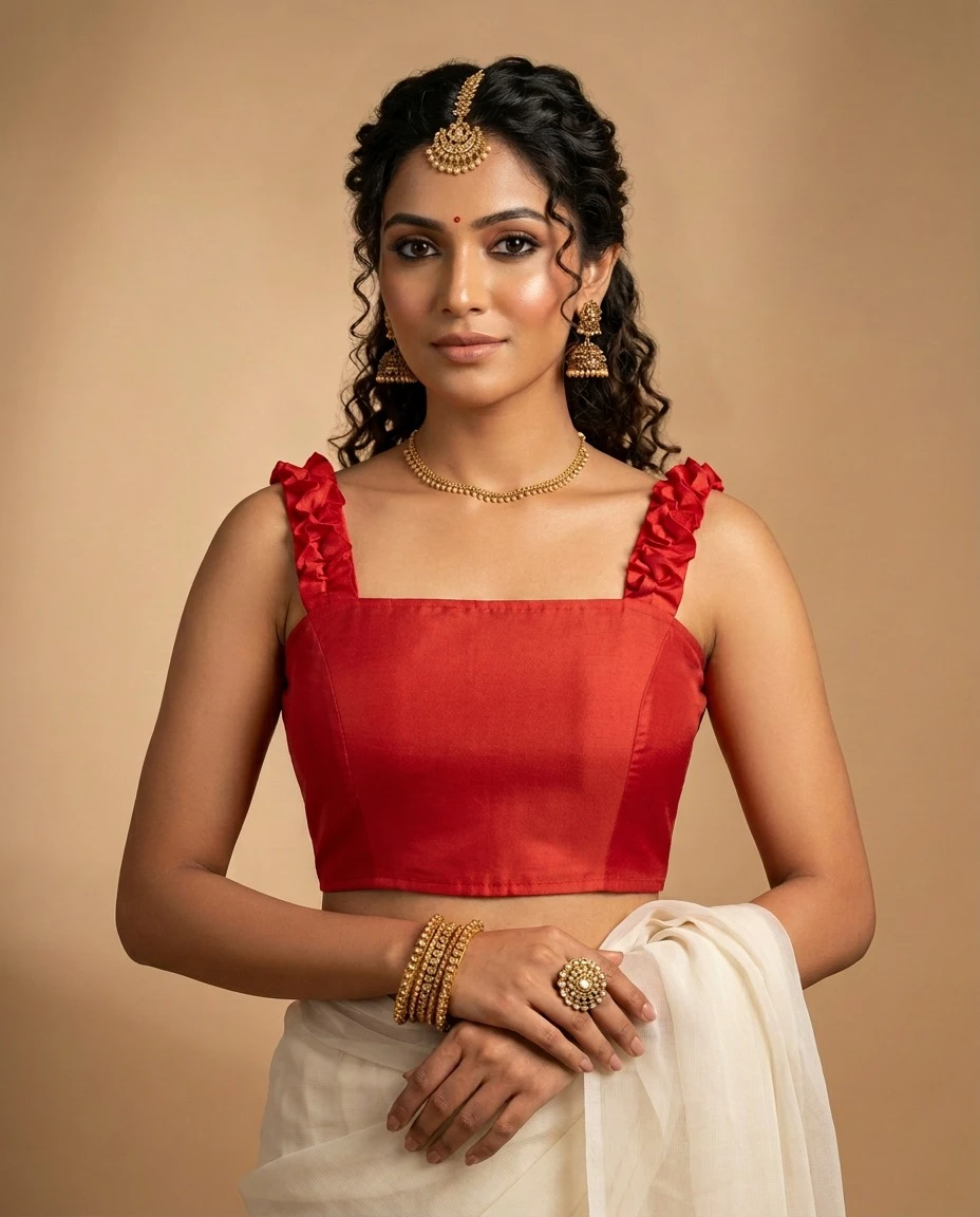 Vibrant Red Raw Silk Blouse with Pleated Ruffle Straps